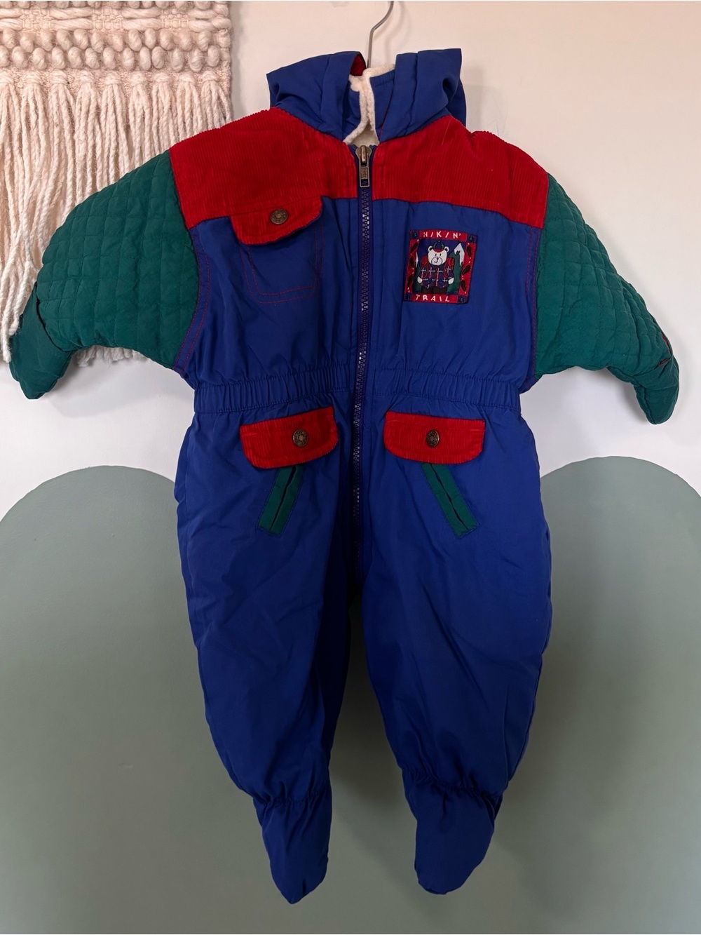 Vintage Windy Trail Kids Colorblock Hooded One-Piece Snowsuit